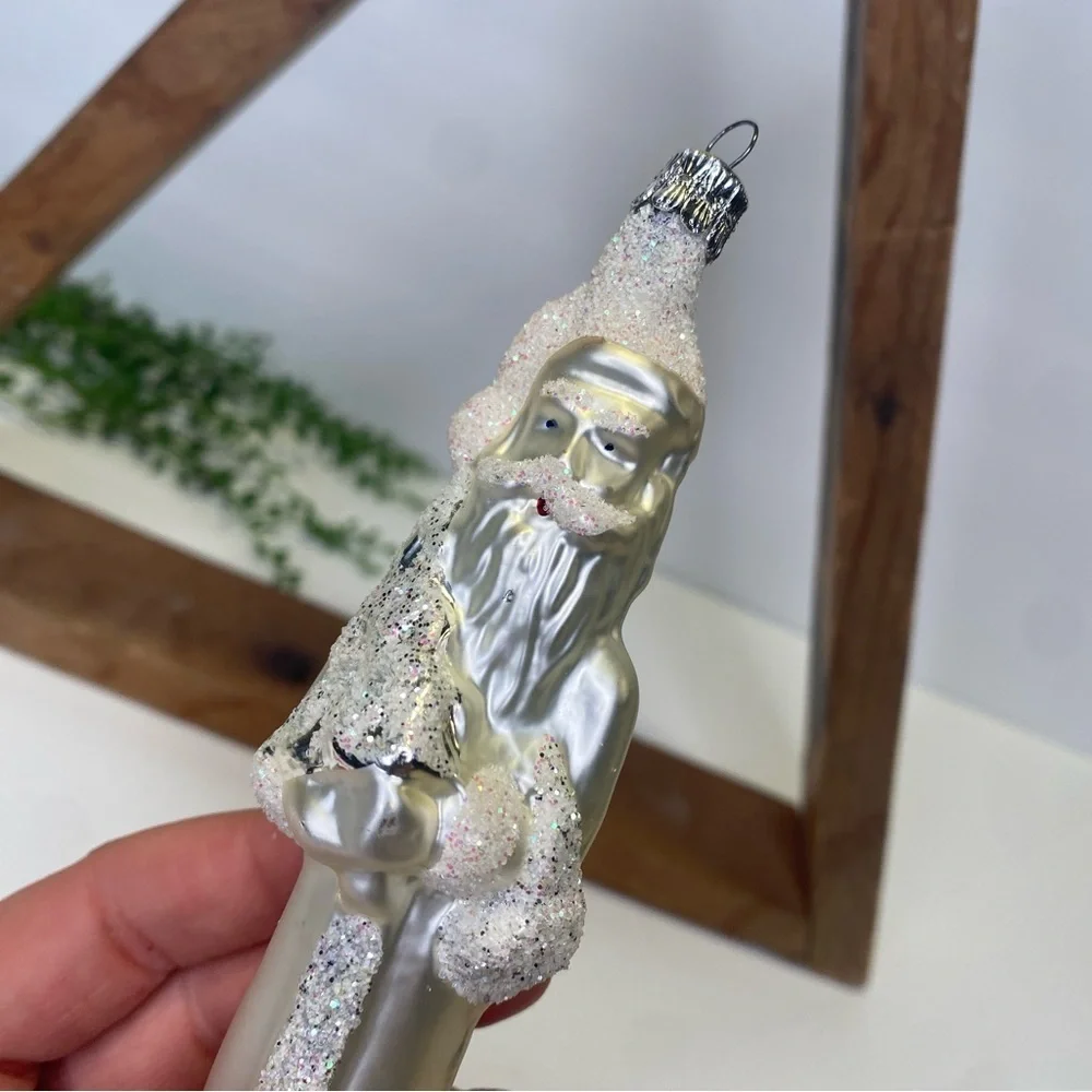 Vintage Czech Republic White Glitter Blown Glass Santa Christmas Tree Ornament